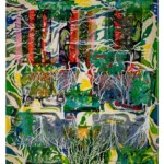 Vascular Connections, 2019
Painting and Serigraphy on silk,
H 132cm x W 111cm Vascular Connections, silk painting by Ana Uzelac using serigraphy and various techniques showing a vibrant composition of greens and blues and whites, images of woods and trees and orchids, all connected with lines of white paint., resembling the vascular system.